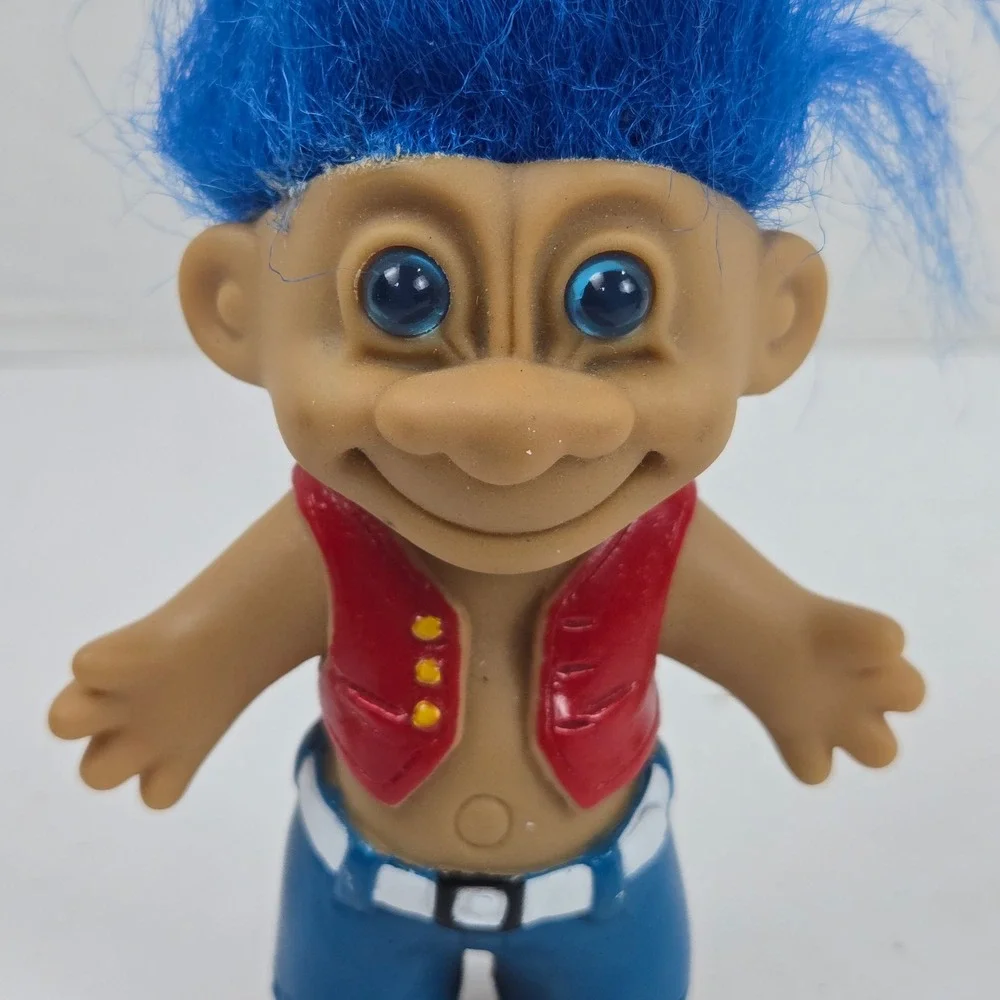 Vtg 90s Russ Berrie Troll Doll Hippie Stripper Blue Hair Red Vest Blue Shorts 4
